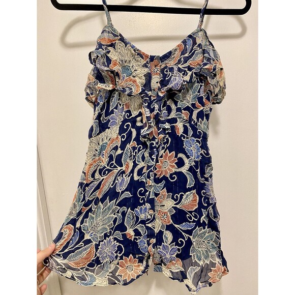 Anthropologie Maeve Mariposa Open-Shoulder Ruffled Top Size 0 Floral Boho Navy - Picture 5 of 12